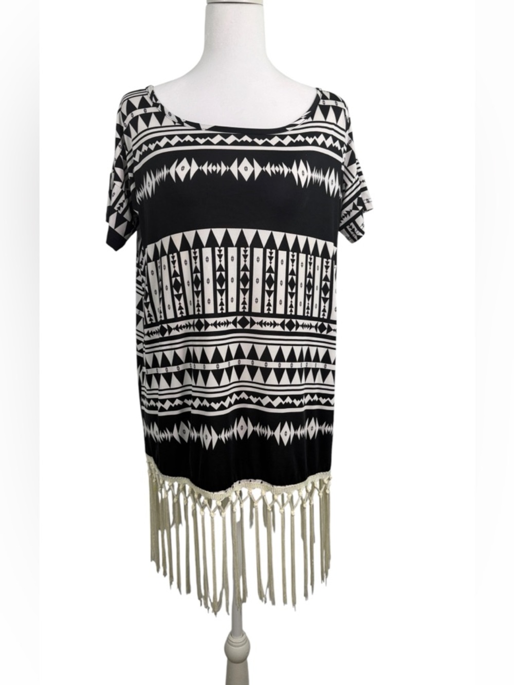 R. Rouge Boho Aztec Fringe Tunic Top - Medium - Black & White Tribal